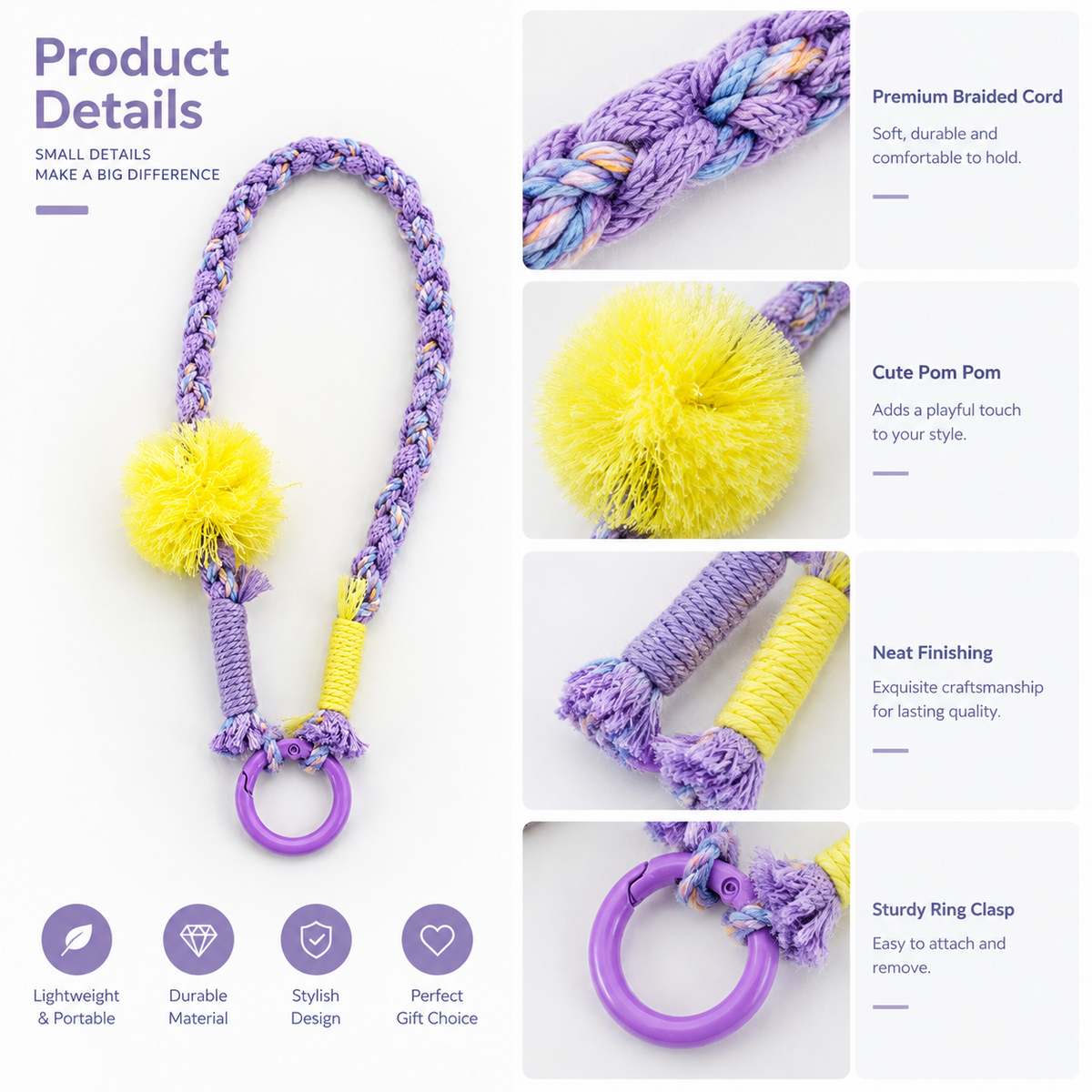 Hand‑Braided Cotton Wrist Strap Decorative Bag Key Phone Charm