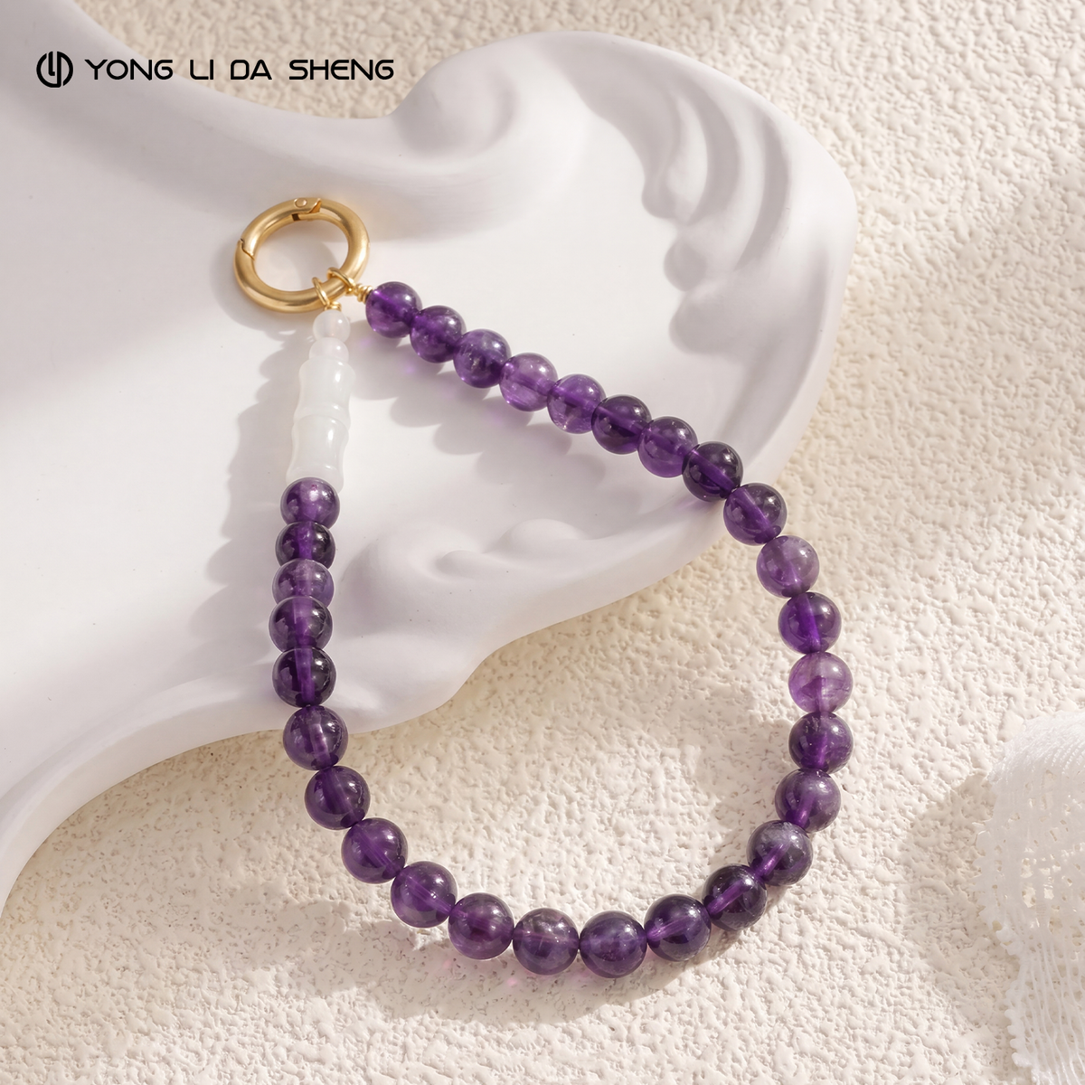 Amethyst Beaded Phone Wrist Strap with White Jade Bamboo Accessory