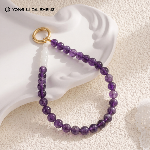 Amethyst Beaded Phone Wrist Strap with White Jade Bamboo Accessory