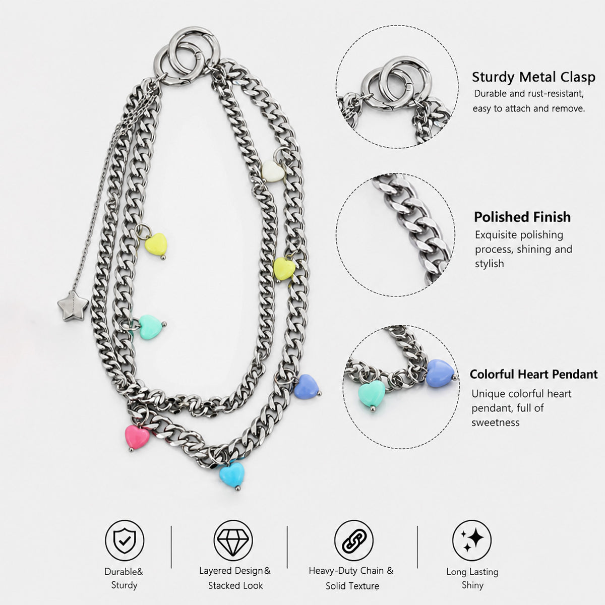 Candy‑Colored Heart Acrylic Bead Key Bag Phone Strap with Star Pendant