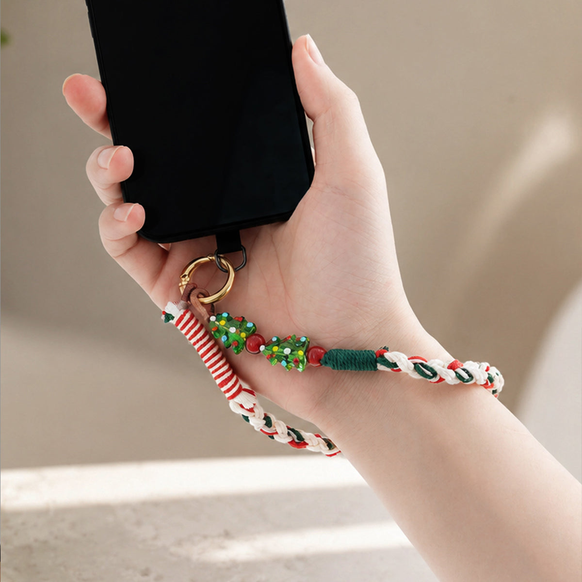 Festive Hand‑Braided Cotton Phone Wrist Straps Christmas Glass Bead Charm
