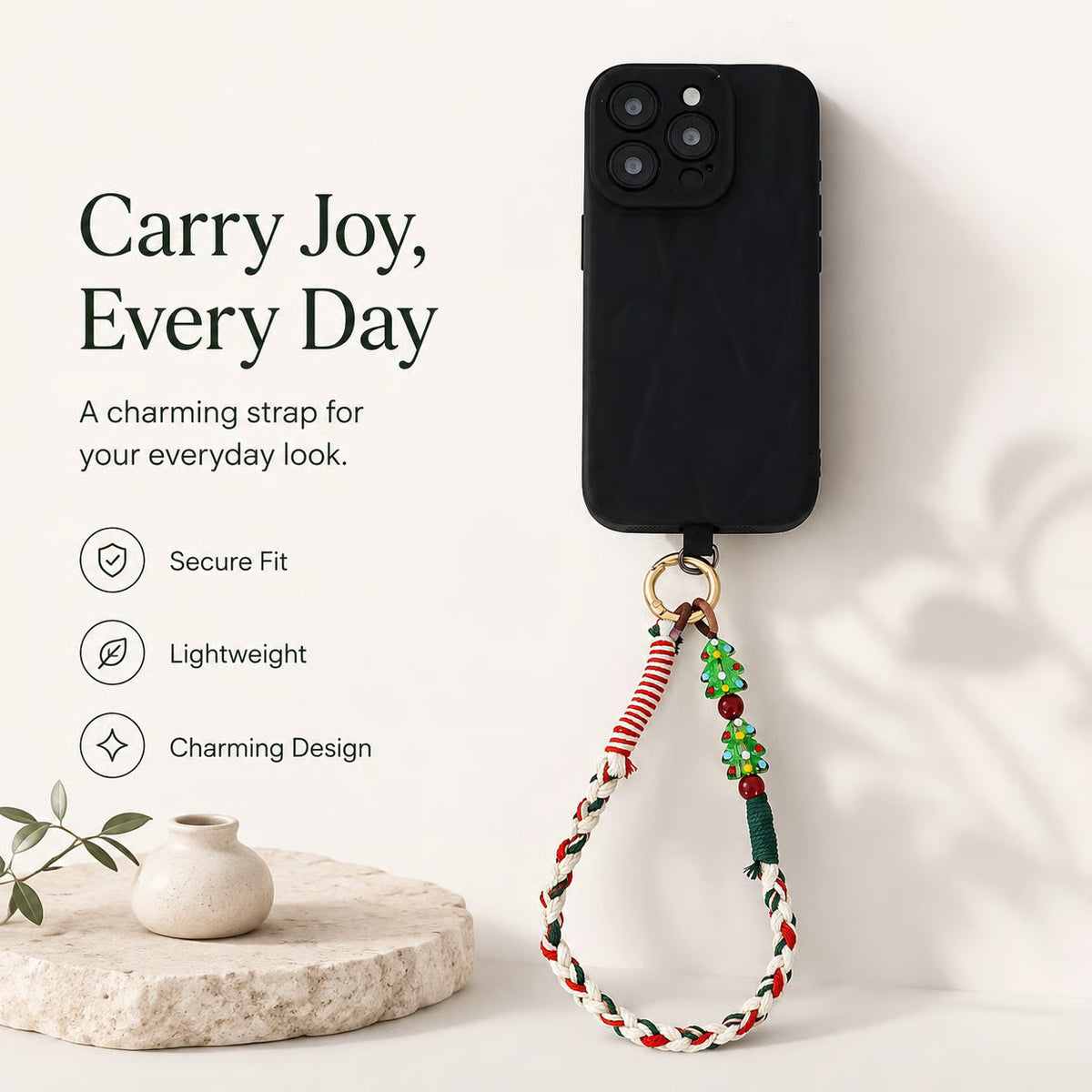 Festive Hand‑Braided Cotton Phone Wrist Straps Christmas Glass Bead Charm
