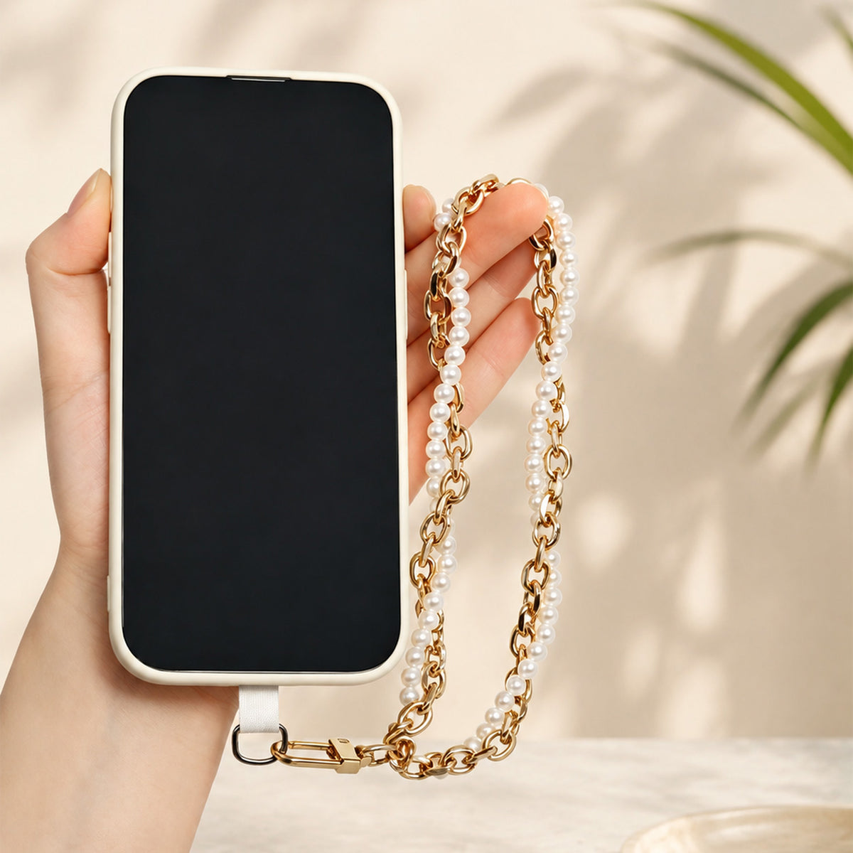 Double‑Layer Faux Pearl Phone Wrist Strap Gold‑Tone Metal Chain Bag Charm Keychain