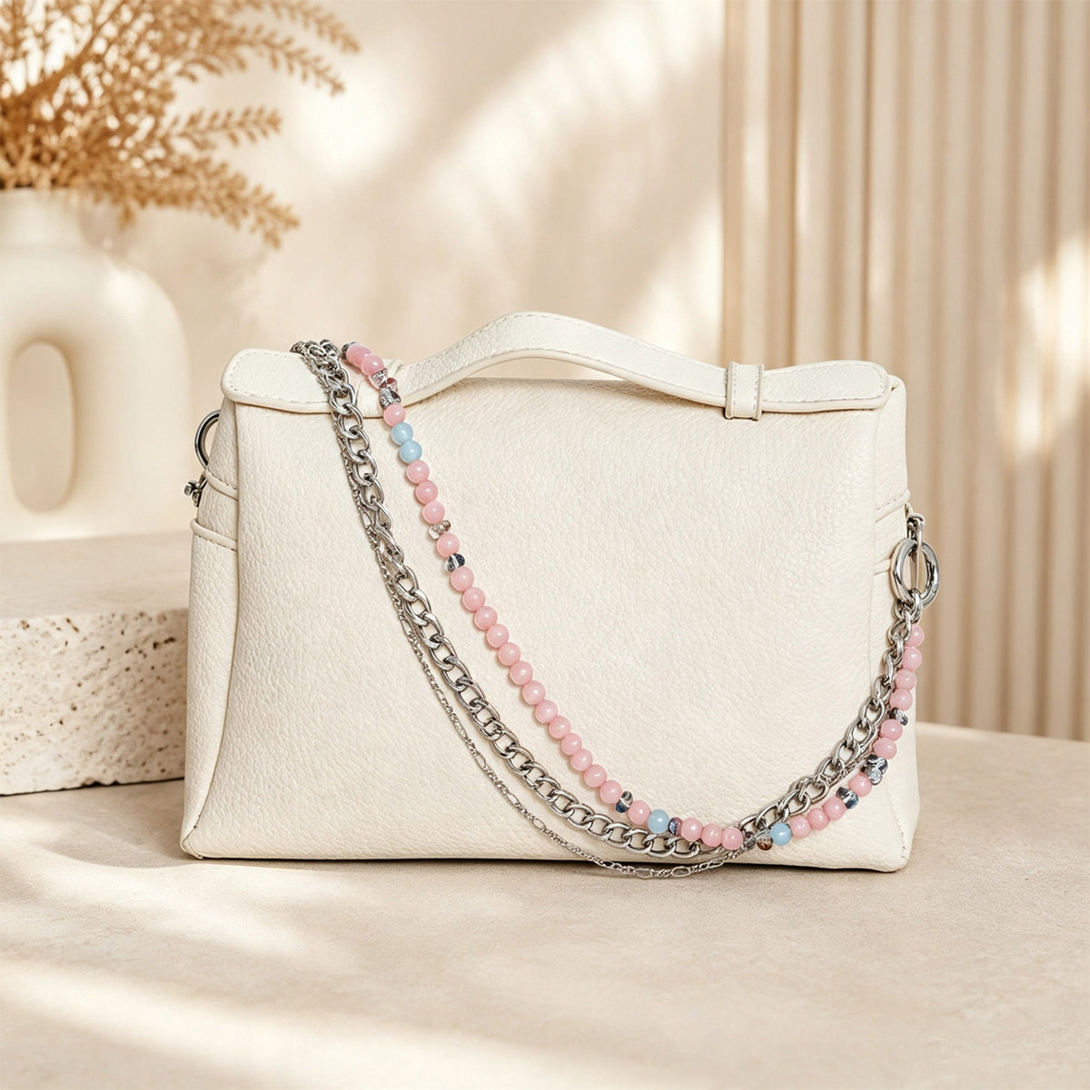 Three‑Layer Pink Beads ＆ Chain Phone Strap