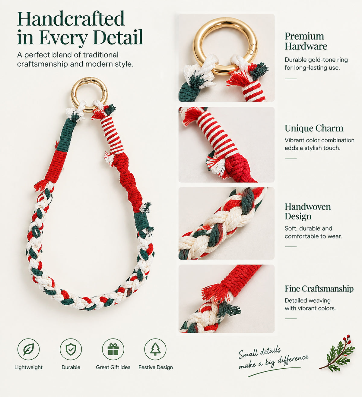 Christmas Braided Cotton Phone Wrist Strap Holiday Bag Key Charm