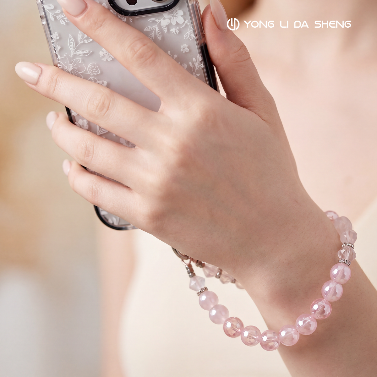 Pink Rose Quartz & Pink Chalcedony Beaded Phone Wrist Strap
