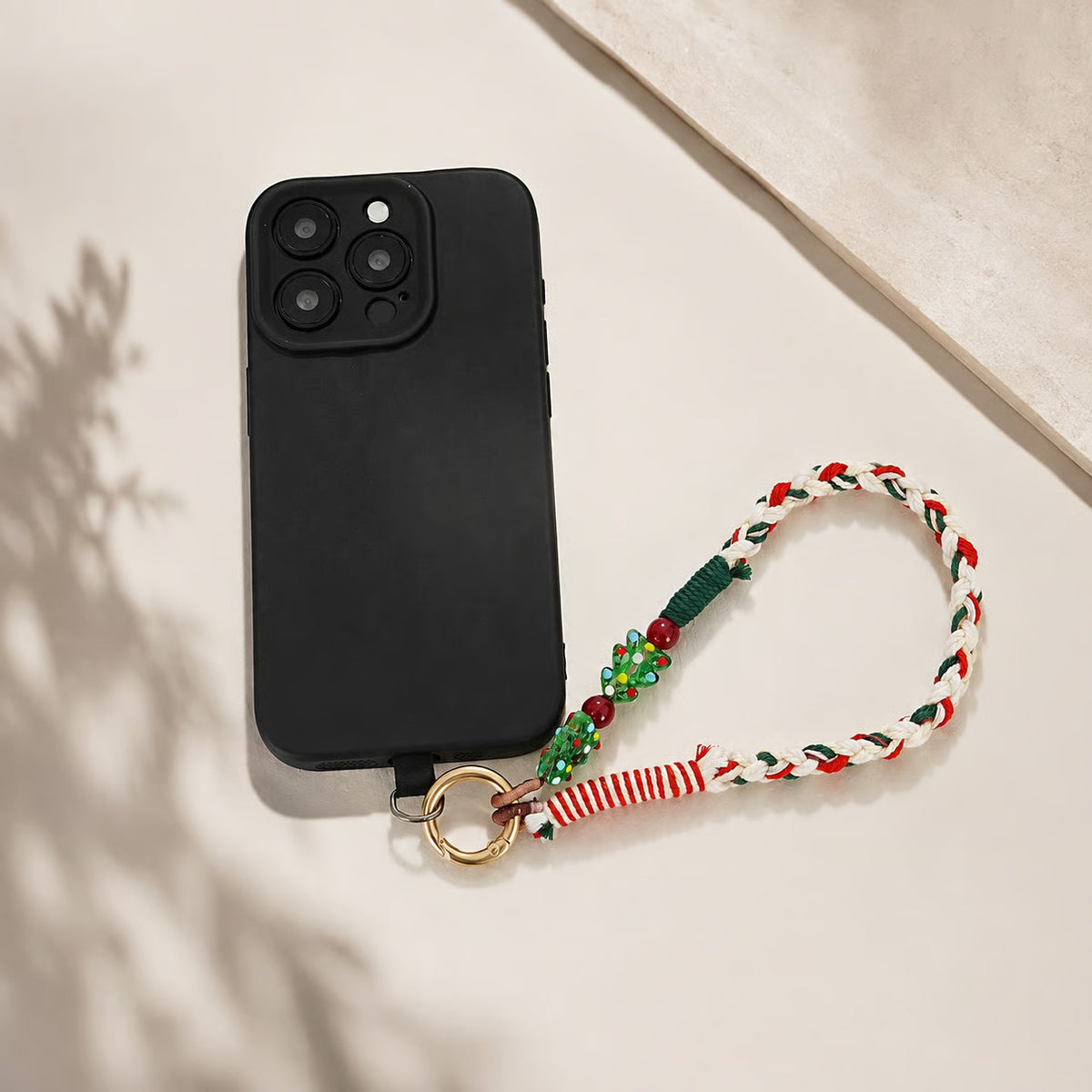 Festive Hand‑Braided Cotton Phone Wrist Straps Christmas Glass Bead Charm