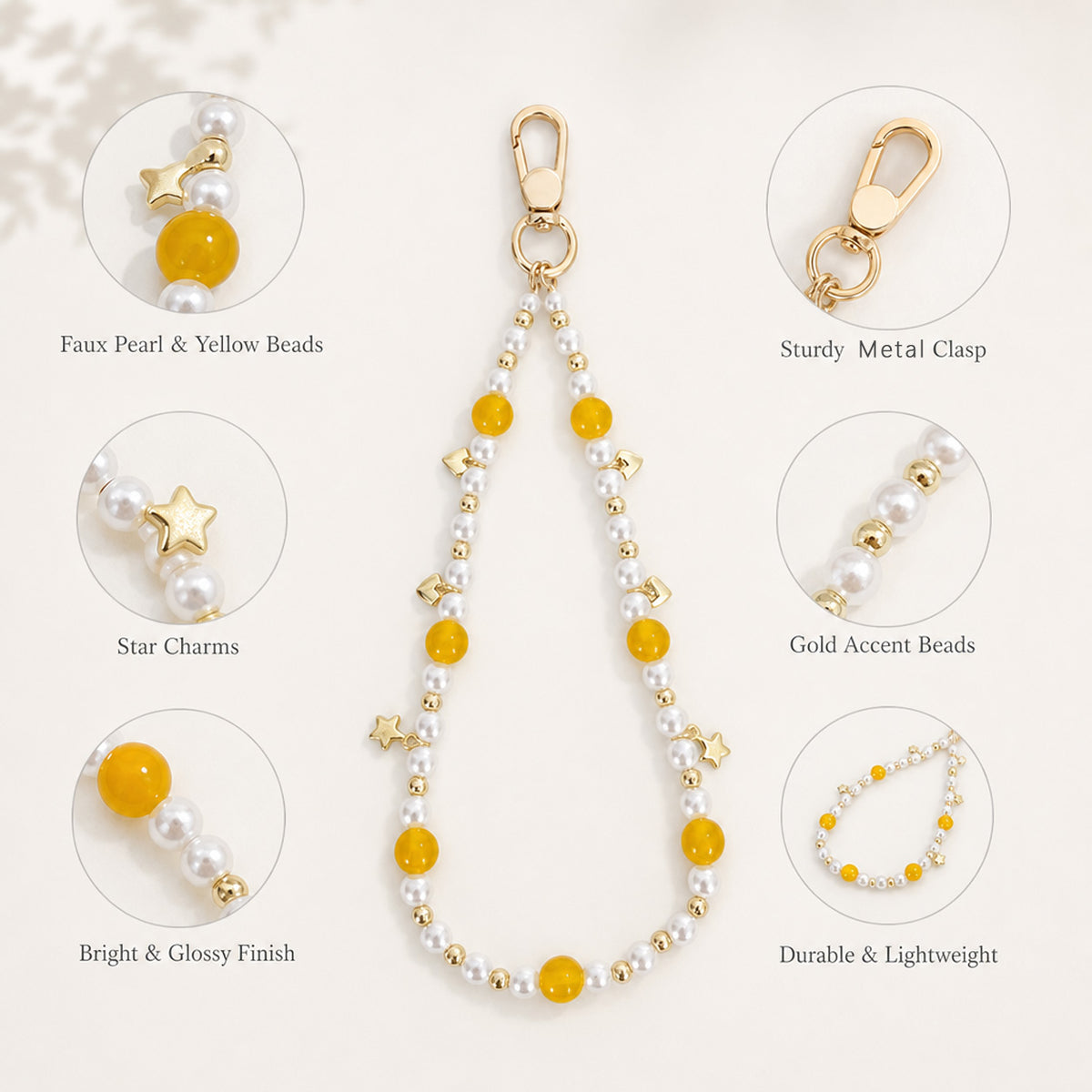 Yellow Agate & Pearl Beaded Phone Chain