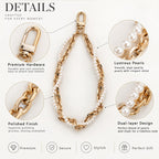Double‑Layer Faux Pearl Phone Wrist Strap Gold‑Tone Metal Chain Bag Charm Keychain
