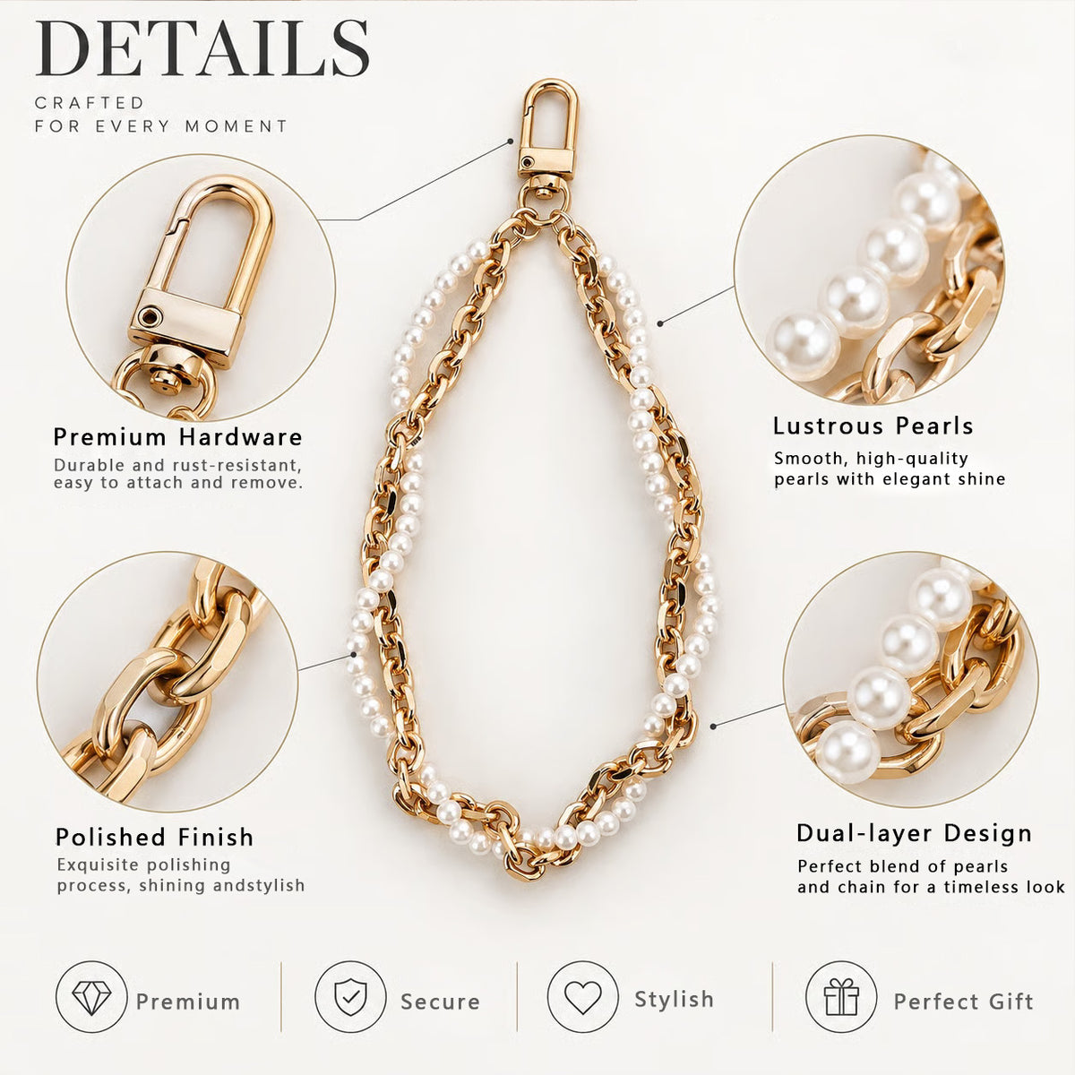 Double‑Layer Faux Pearl Phone Wrist Strap Gold‑Tone Metal Chain Bag Charm Keychain