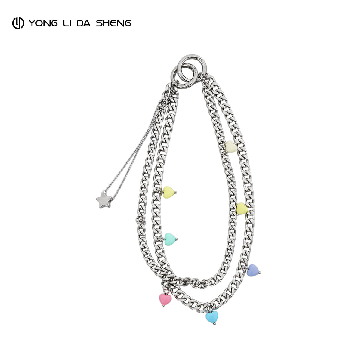 Candy‑Colored Heart Acrylic Bead Key Bag Phone Strap with Star Pendant