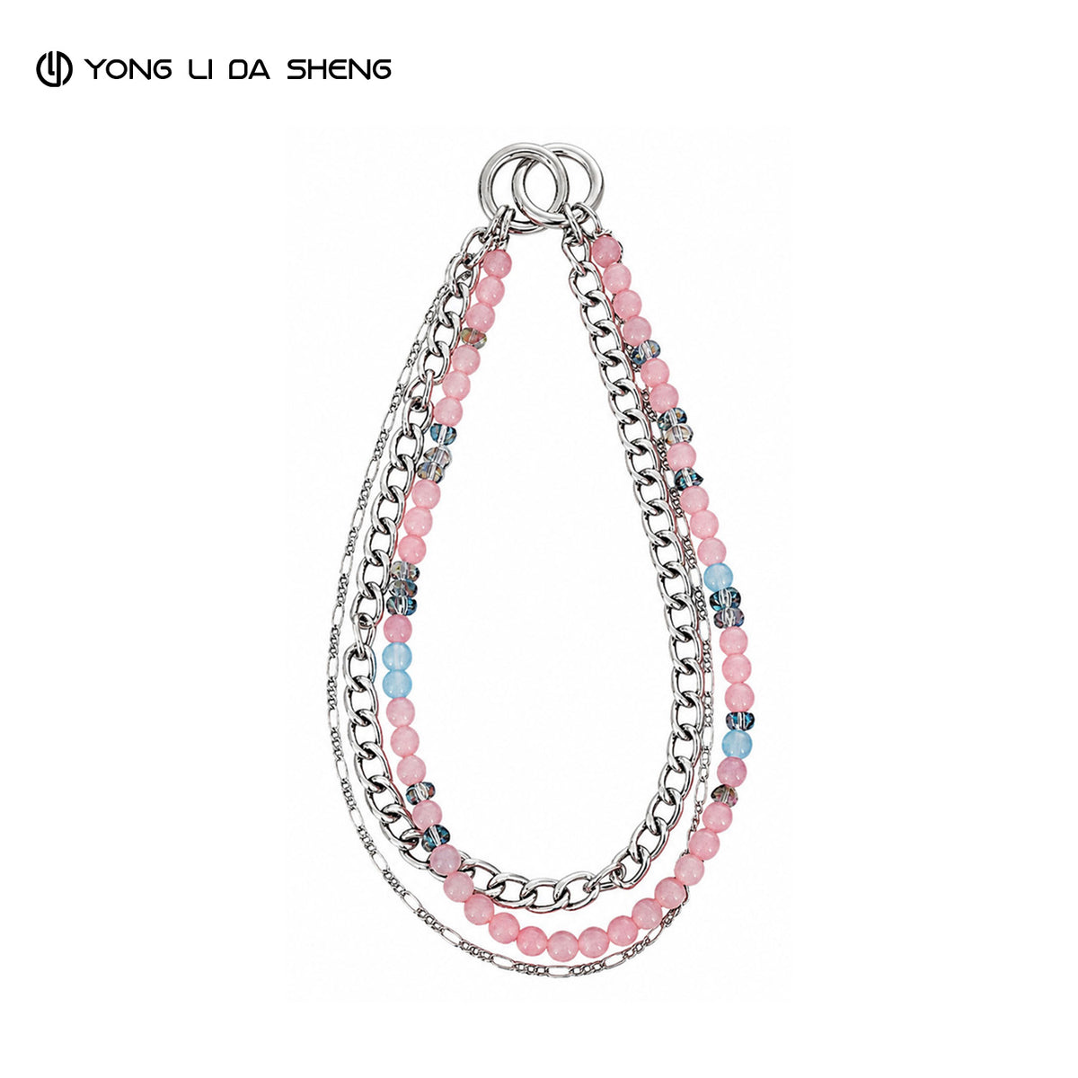 Three‑Layer Pink Beads ＆ Chain Phone Strap