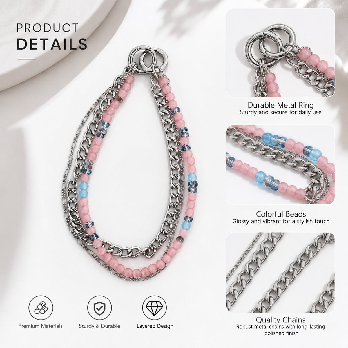 Three‑Layer Pink Beads ＆ Chain Phone Strap