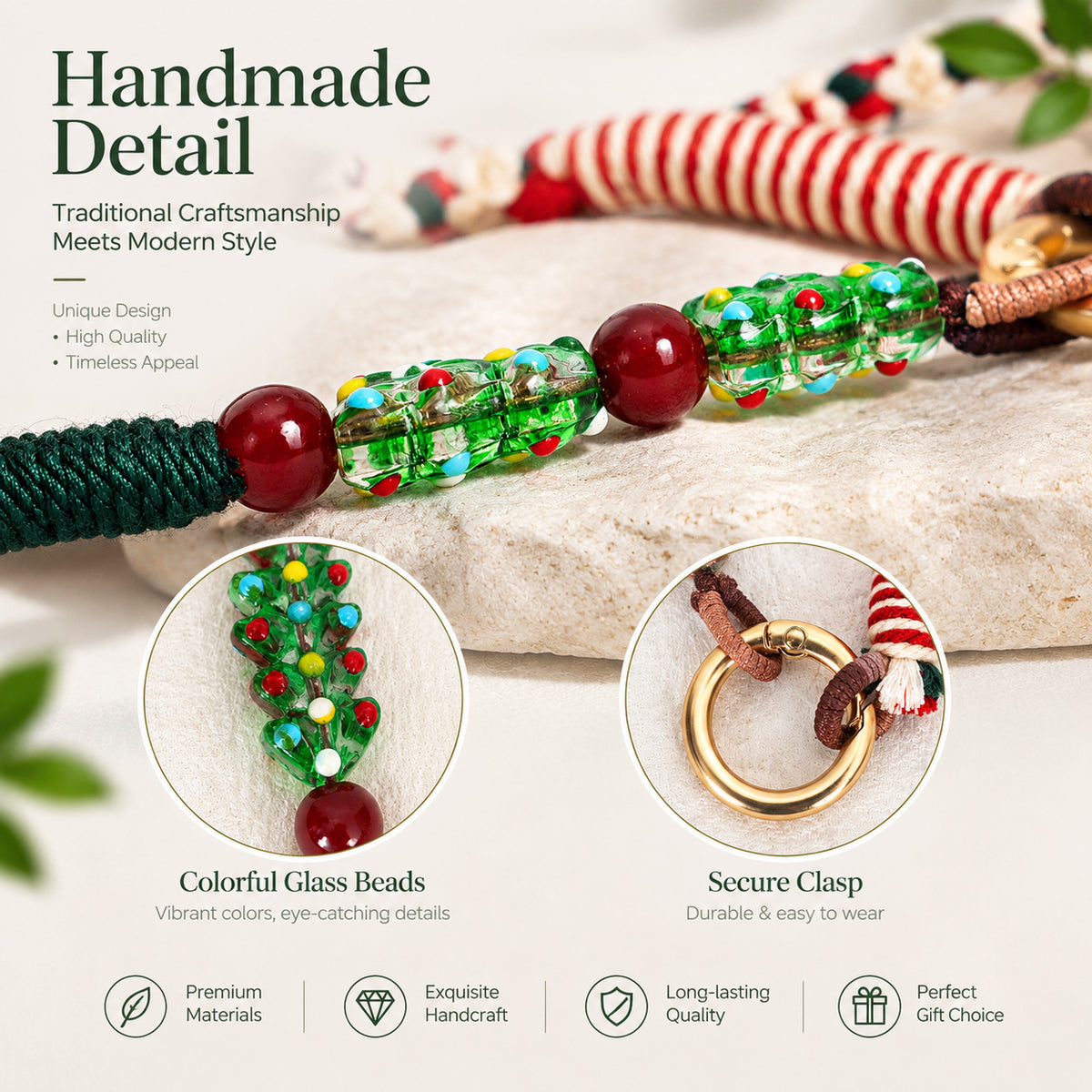 Festive Hand‑Braided Cotton Phone Wrist Straps Christmas Glass Bead Charm