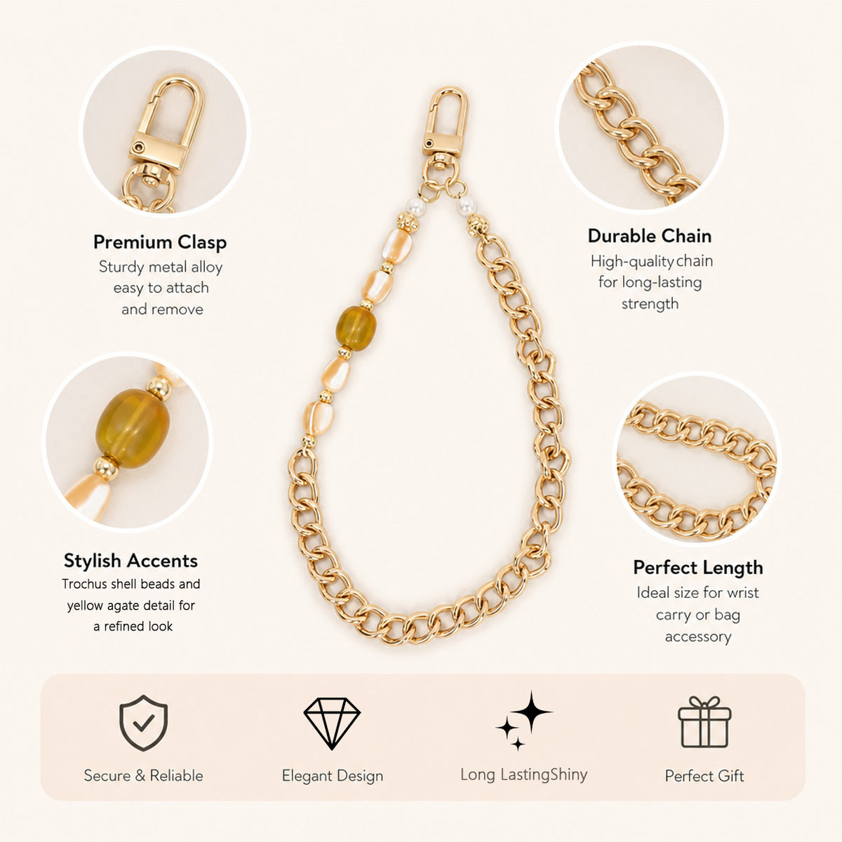 Elegant Gold‑Tone Chain Phone Wrist Strap, Agate Bead Bag Charm