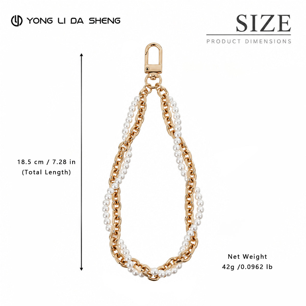 Double‑Layer Faux Pearl Phone Wrist Strap Gold‑Tone Metal Chain Bag Charm Keychain
