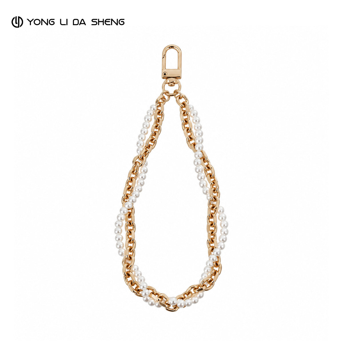 Double‑Layer Faux Pearl Phone Wrist Strap Gold‑Tone Metal Chain Bag Charm Keychain