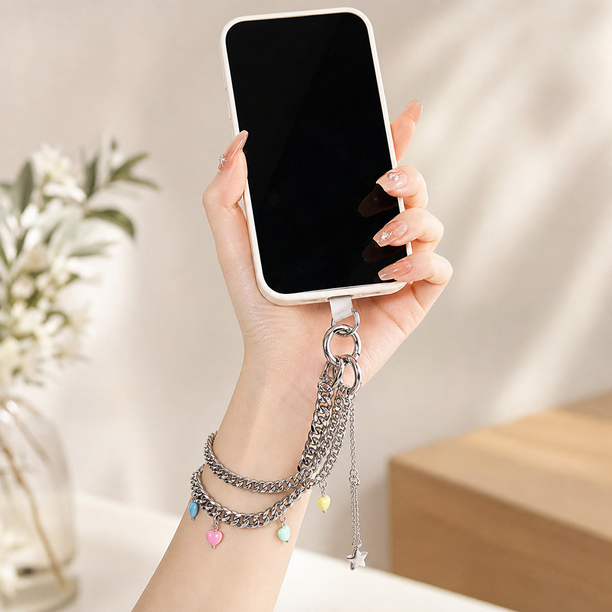 Candy‑Colored Heart Acrylic Bead Key Bag Phone Strap with Star Pendant