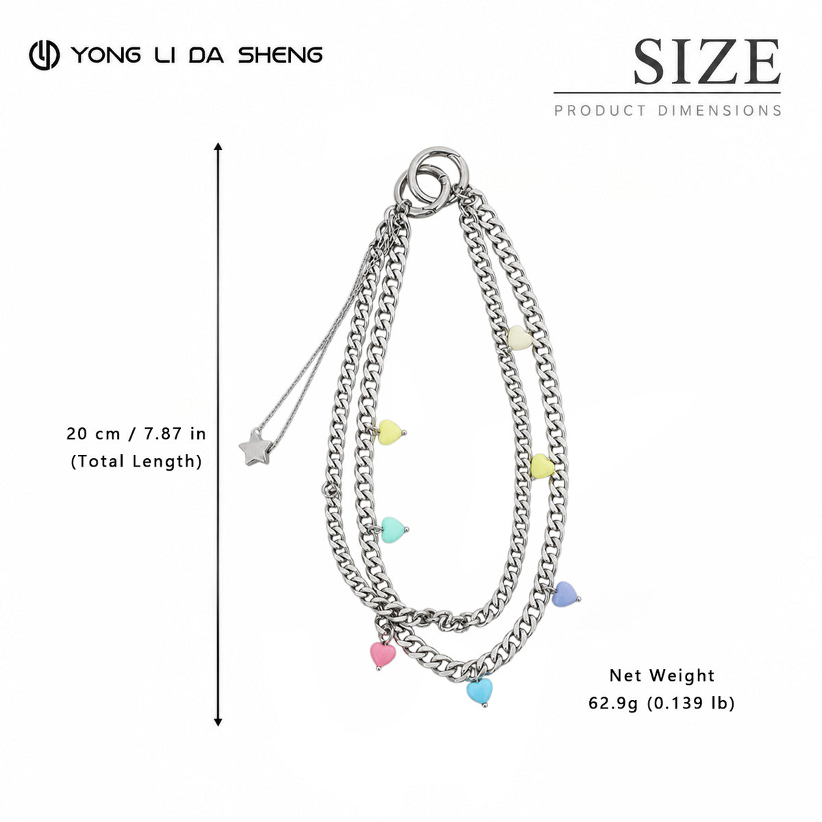 Candy‑Colored Heart Acrylic Bead Key Bag Phone Strap with Star Pendant