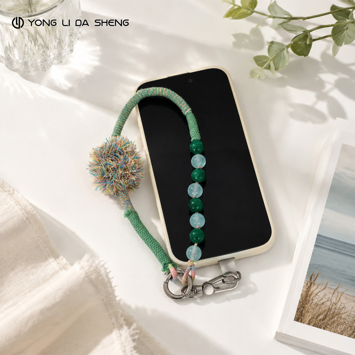 Hand Twisted Phone Wrist Strap Green Bead Decor Accessory