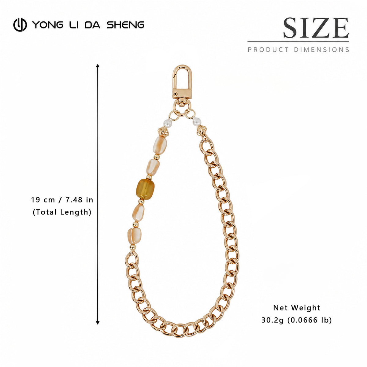 Elegant Gold‑Tone Chain Phone Wrist Strap, Agate Bead Bag Charm