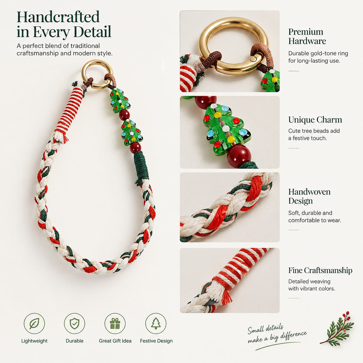 Festive Hand‑Braided Cotton Phone Wrist Straps Christmas Glass Bead Charm