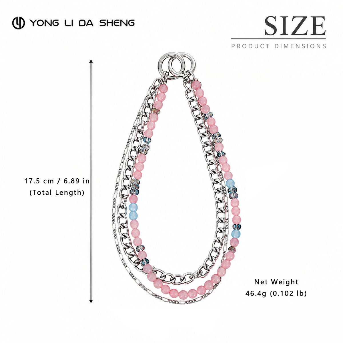 Three‑Layer Pink Beads ＆ Chain Phone Strap