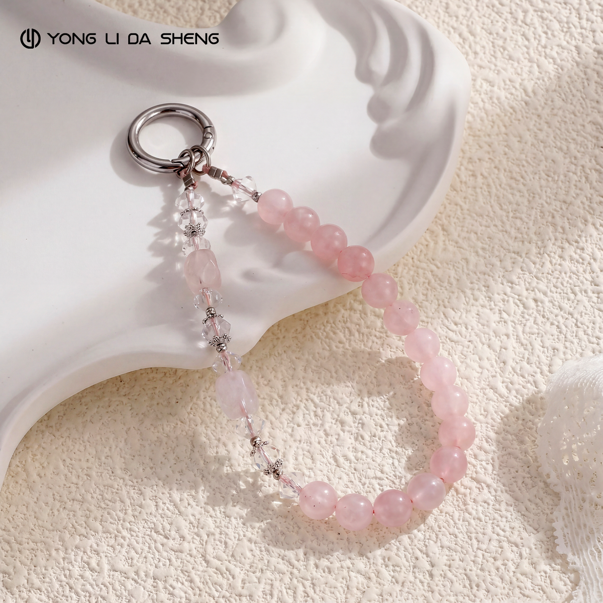 Pink Rose Quartz & Pink Chalcedony Beaded Phone Wrist Strap