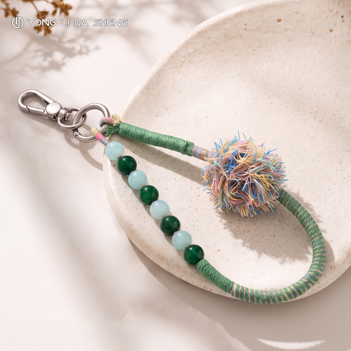 Hand Twisted Phone Wrist Strap Green Bead Decor Accessory