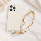 Double‑Layer Faux Pearl Phone Wrist Strap Gold‑Tone Metal Chain Bag Charm Keychain