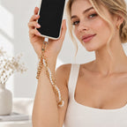 Double‑Layer Faux Pearl Phone Wrist Strap Gold‑Tone Metal Chain Bag Charm Keychain