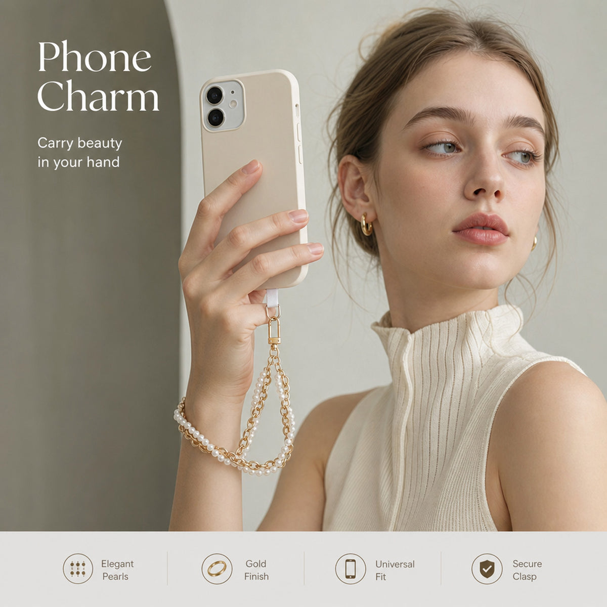 Double‑Layer Faux Pearl Phone Wrist Strap Gold‑Tone Metal Chain Bag Charm Keychain